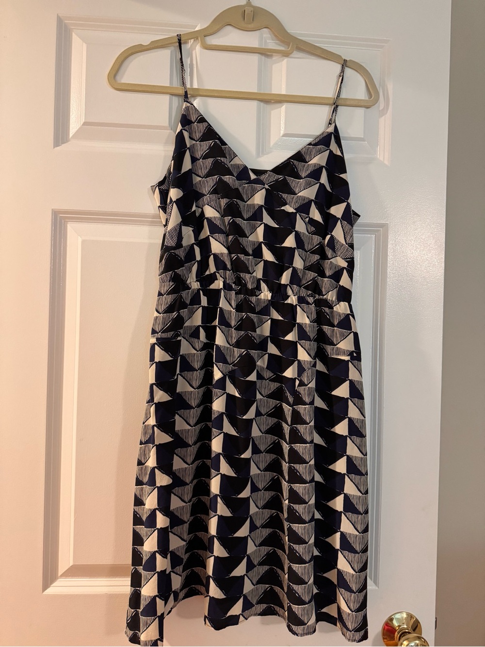Geometric Navy and White Spaghetti-Strap Midi Dress